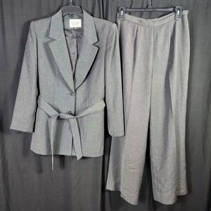 Le Suit Petite Womens Gray 2 Piece Belted Blazer and Wide Leg Pant Suit Size 8P